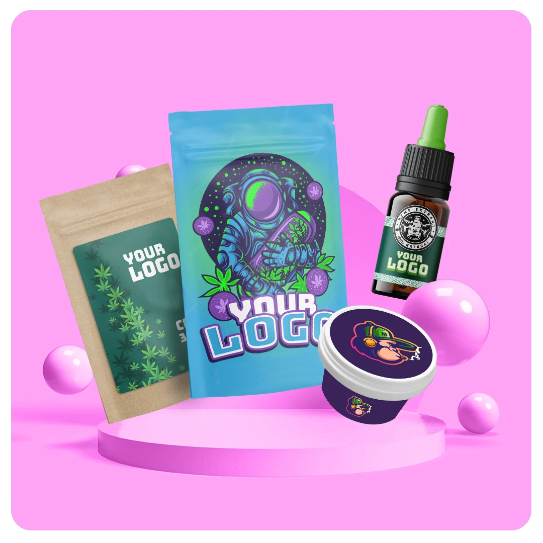 Packaging CBD white label personalizzabile: busta, doypack, olio e barattolo con logo
