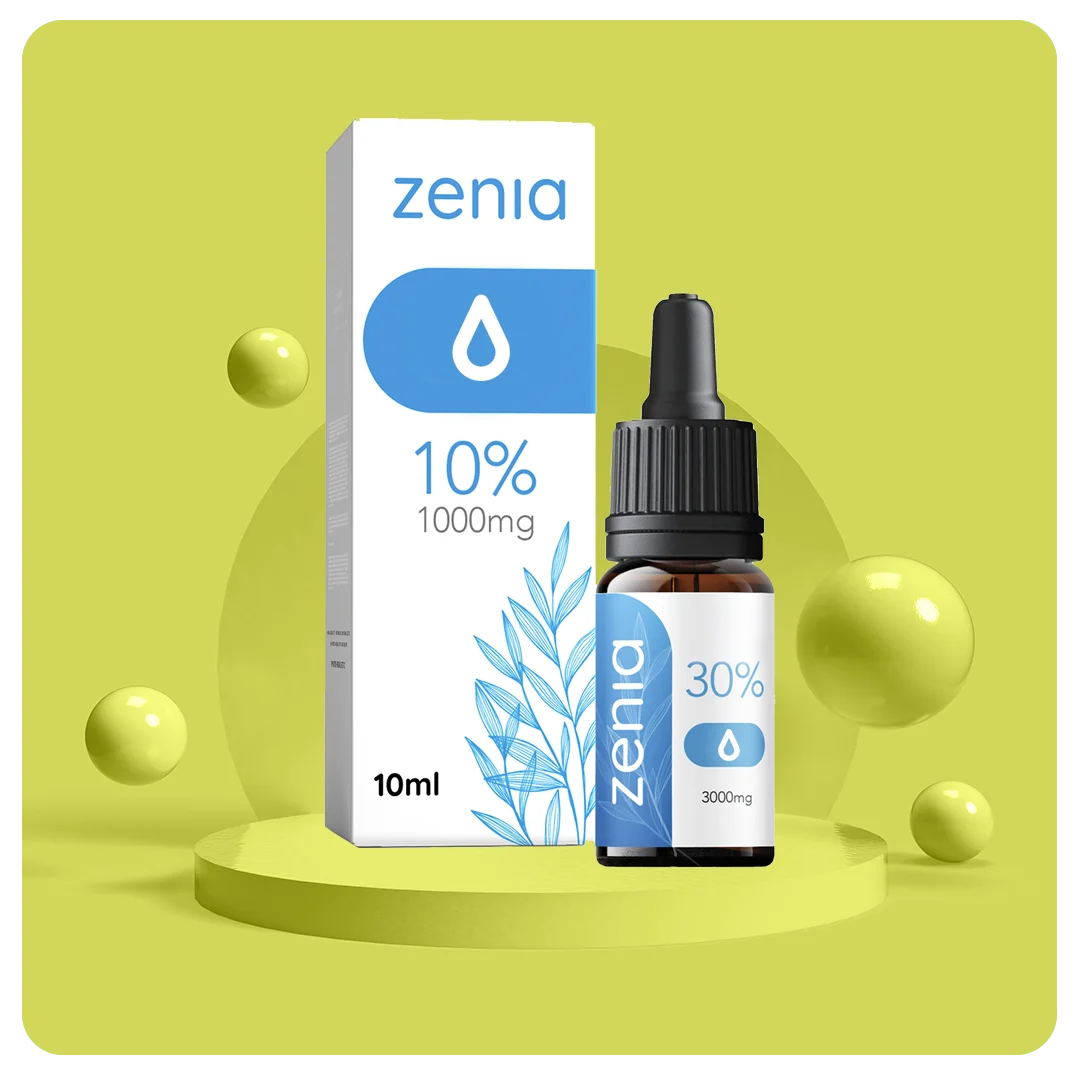 Olio CBD Zenia 10% e 30% in boccetta di vetro con dropper e astuccio